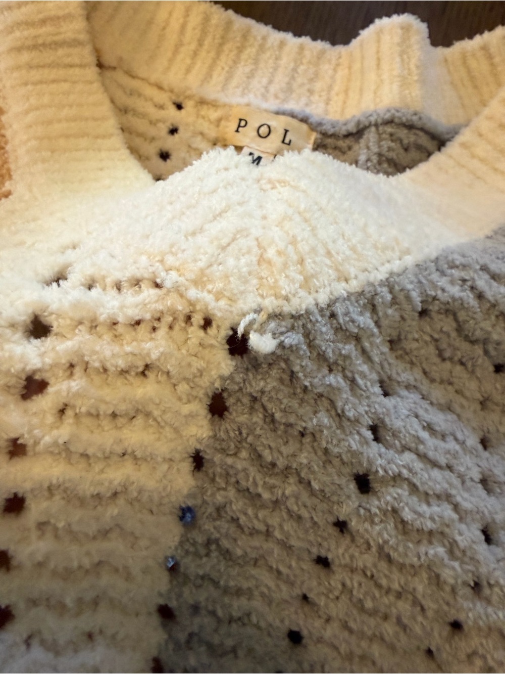 POL V-Neck Striped Crochet Oversized Sweater in Dusty Rose, Cream & Light Blue - Picture 7 of 8